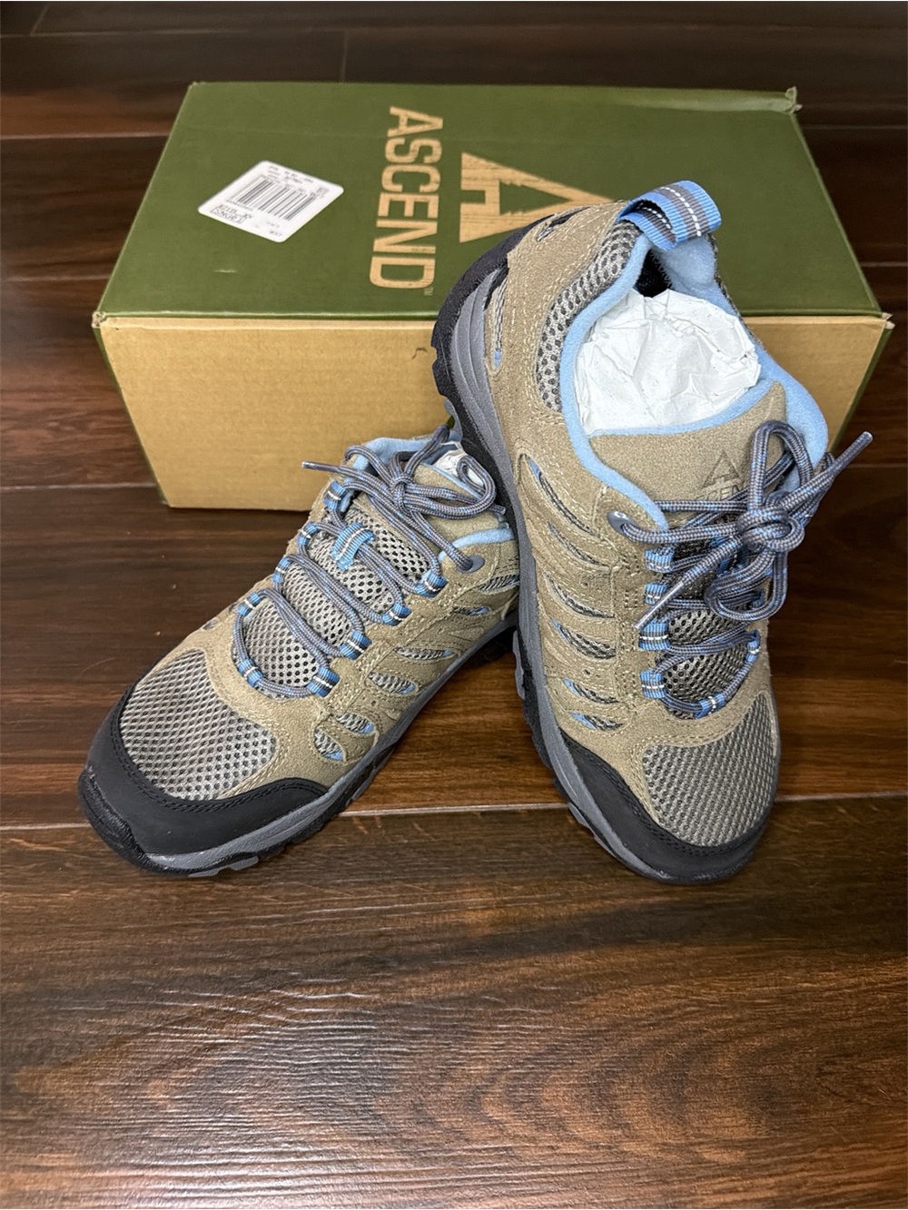 Ascend Taupe and Light Blue Trail Sneakers, Size 7 1/2, NWT